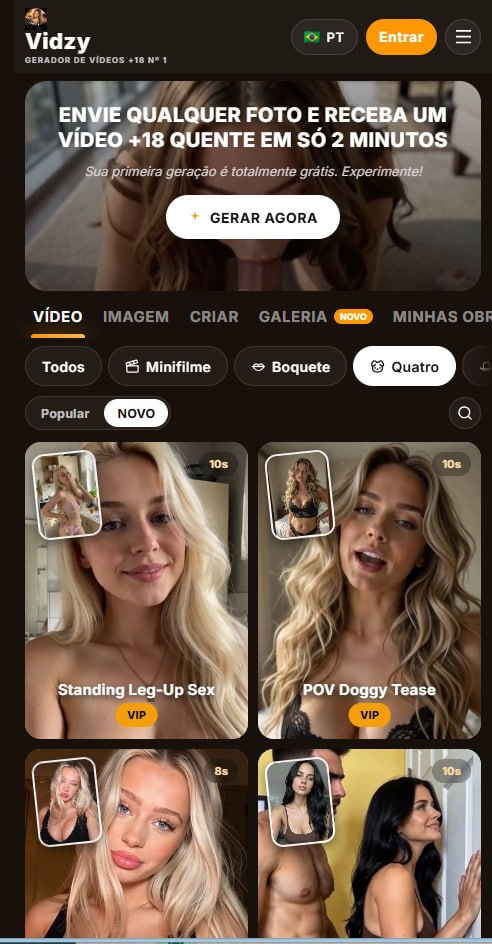 Vidzy app interface and content catalogue — portrait screenshot, approx. 492×948